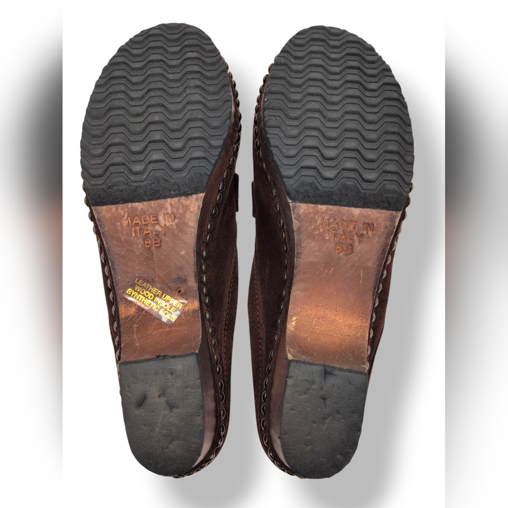 Michael Kors Women Sz 8 Studded Italian-Made Brown Suede Leather Clog Wood-Soles - Picture 12 of 17
